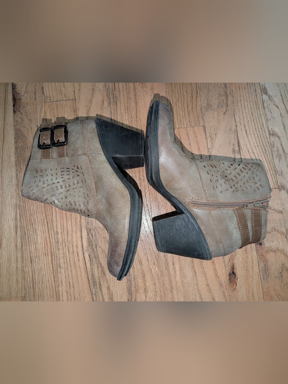 eurosoft by sofft women’s 8m taupe ankle boots laser cut buckle western boho boo